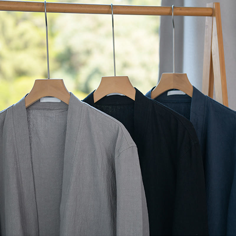 Buddha Stones Simple Long Sleeve Open Front Ramie Cotton Men's Shirts With Pockets - image 28