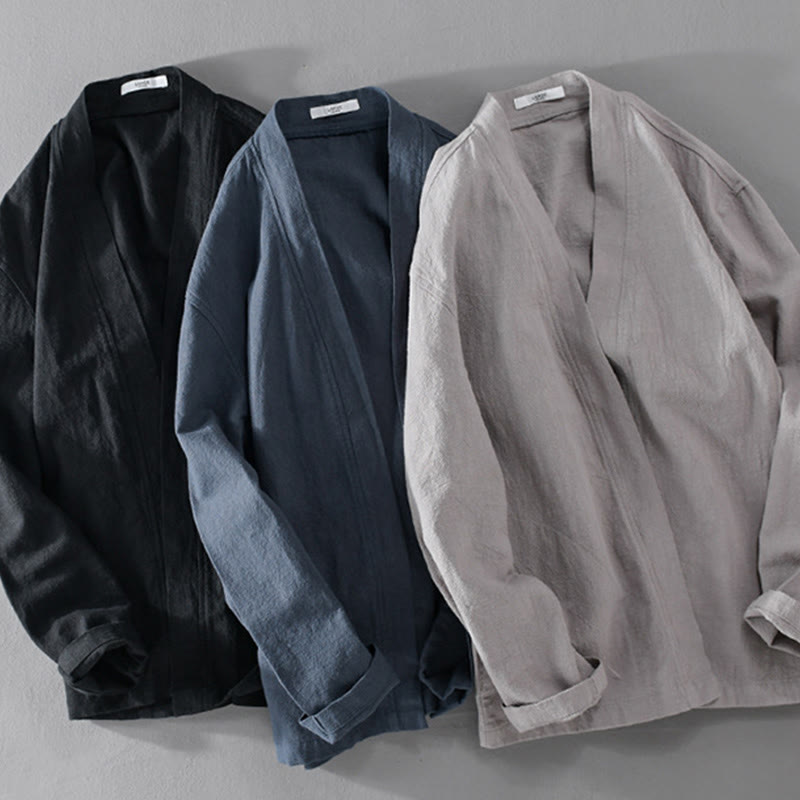Buddha Stones Simple Long Sleeve Open Front Ramie Cotton Men's Shirts With Pockets - image 27