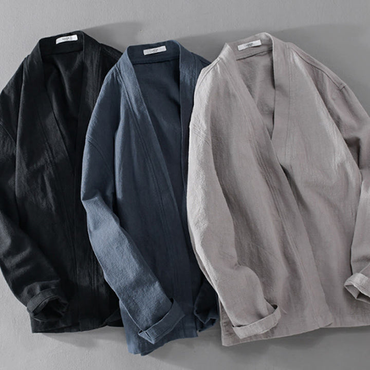 Buddha Stones Simple Long Sleeve Open Front Ramie Cotton Men's Shirts With Pockets - image 27