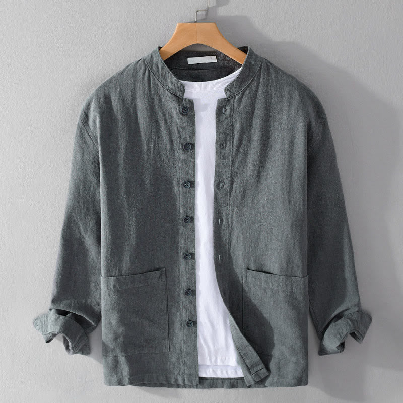 Buddha Stones Solid Long Sleeve Button Down Ramie Cotton Men's Shirts With Pockets - Gray - US/UK/AU42，EU52 (3XL) - image 0