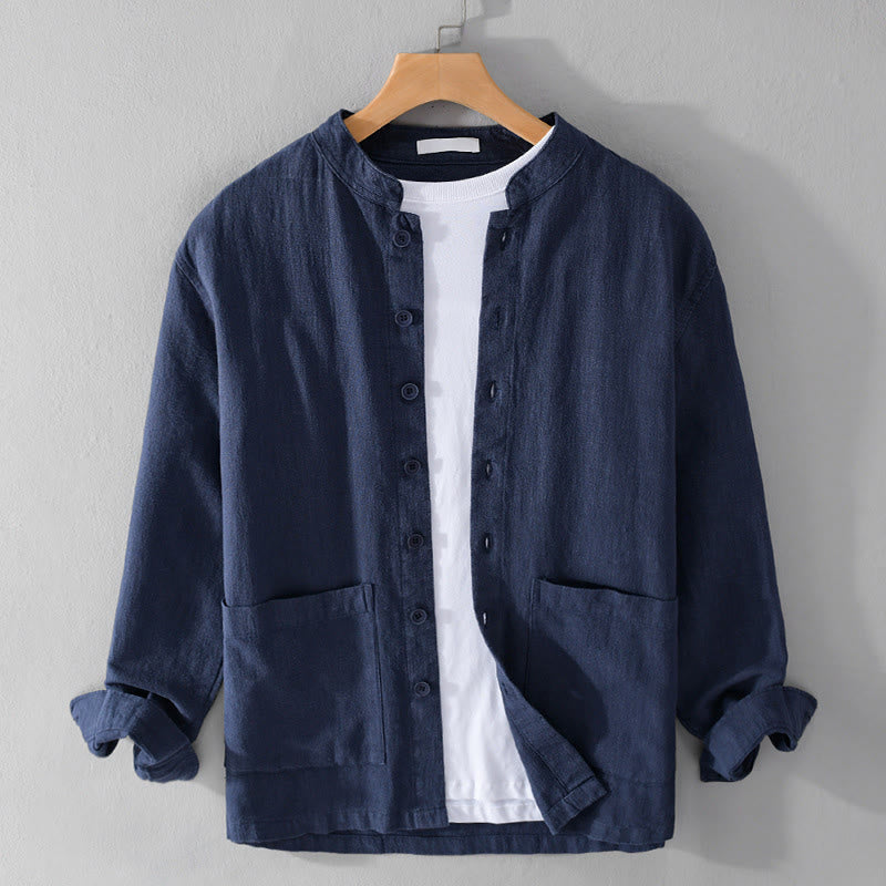 Buddha Stones Solid Long Sleeve Button Down Ramie Cotton Men's Shirts With Pockets - SteelBlue - US/UK/AU42，EU52 (3XL) - image 19