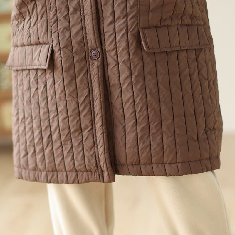 Buddha Stones Plain Notched Women's Cotton Padded Coat With Pockets - image 8