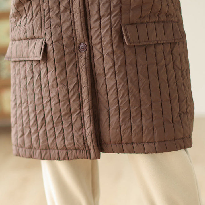 Buddha Stones Plain Notched Women's Cotton Padded Coat With Pockets - image 8