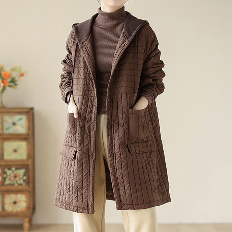 Buddha Stones Plain Notched Women's Cotton Padded Coat With Pockets - image 3