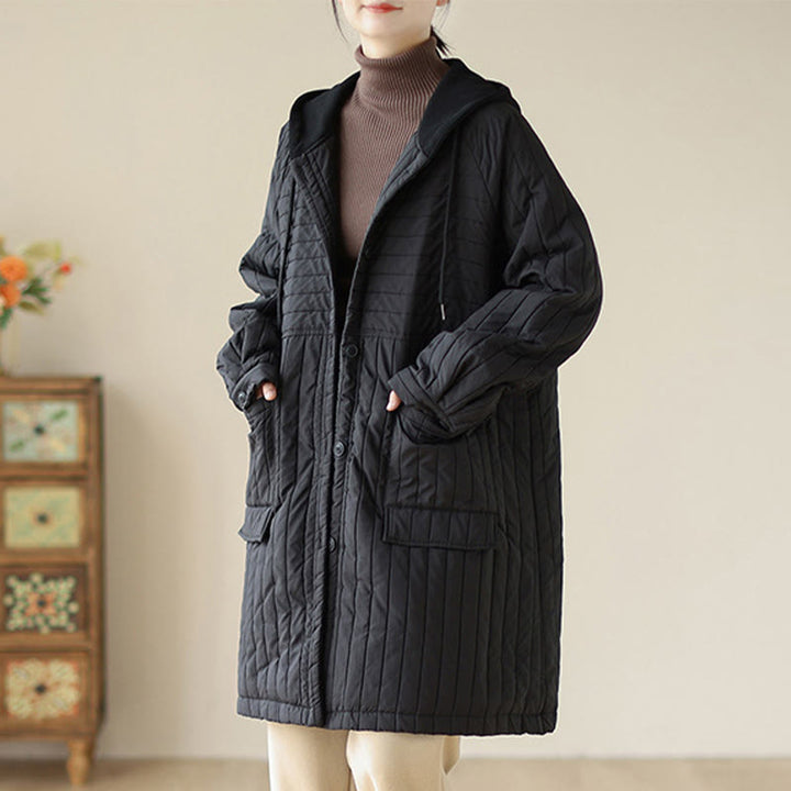Buddha Stones Plain Notched Women's Cotton Padded Coat With Pockets - image 14