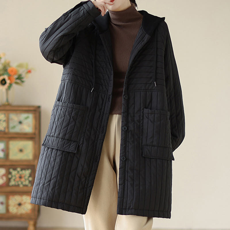 Buddha Stones Plain Notched Women's Cotton Padded Coat With Pockets - image 15