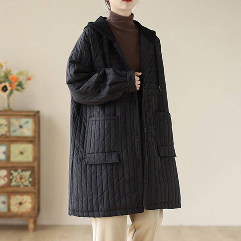 Buddha Stones Plain Notched Women's Cotton Padded Coat With Pockets - Black - US12，UK/AU16，EU44 (2XL) - image 12