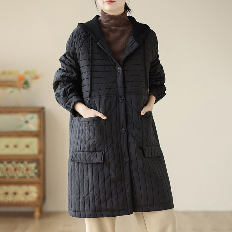 Buddha Stones Plain Notched Women's Cotton Padded Coat With Pockets - image 16