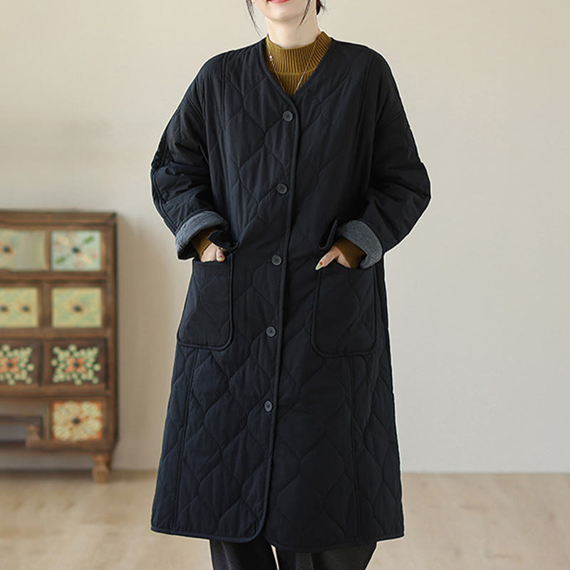 Buddha Stones Plain Buttons Women's Cotton Padded Coat With Pockets - Black - US14，UK/AU18，EU46 (2XL) - image 5