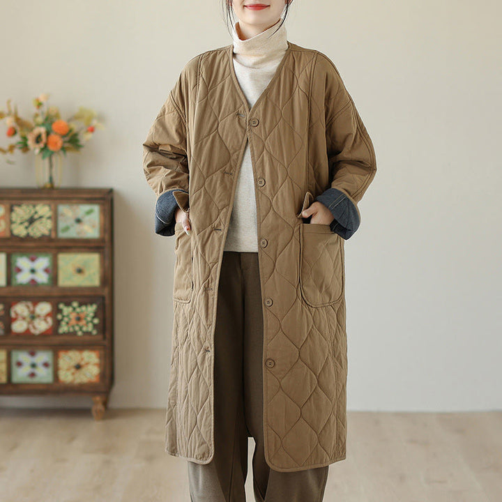 Buddha Stones Plain Buttons Women's Cotton Padded Coat With Pockets - Goldenrod - US14，UK/AU18，EU46 (2XL) - image 9