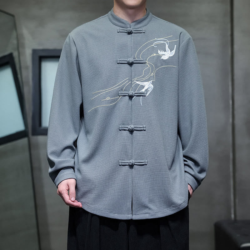 Buddha Stones Frog-Button Swallow Embroidery Stand Collar Long Sleeve Tang Suit Men's Shirt - LightSteelBlue - US/UK/AU46，EU56 (5XL) - image 13