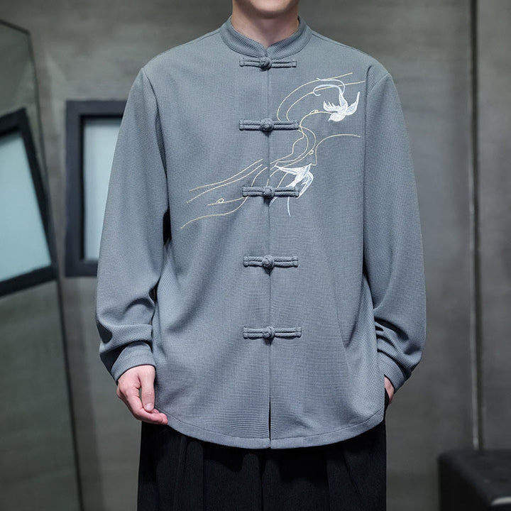 Buddha Stones Frog-Button Swallow Embroidery Stand Collar Long Sleeve Tang Suit Men's Shirt - LightSteelBlue - US/UK/AU46，EU56 (5XL) - image 13