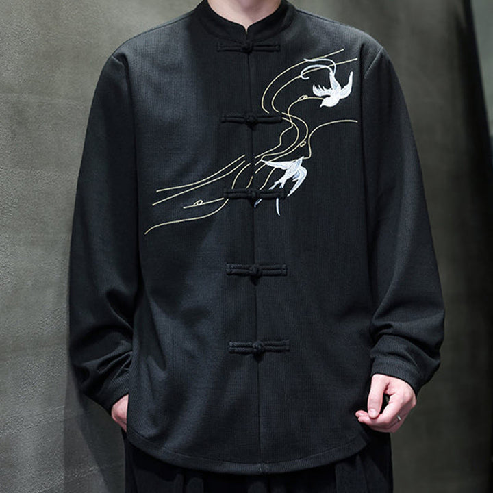 Buddha Stones Frog-Button Swallow Embroidery Stand Collar Long Sleeve Tang Suit Men's Shirt - image 9