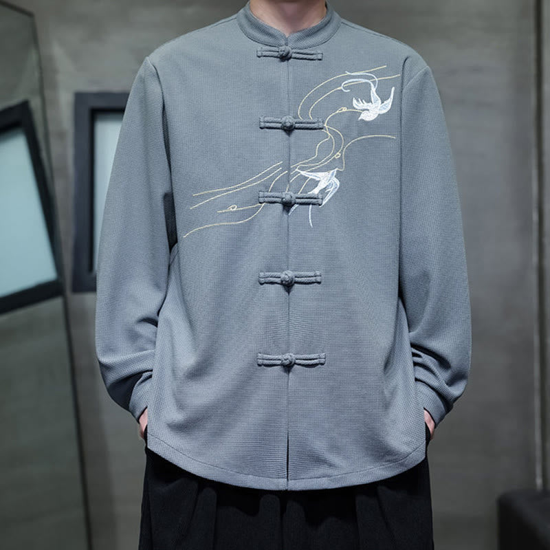 Buddha Stones Frog-Button Swallow Embroidery Stand Collar Long Sleeve Tang Suit Men's Shirt - image 18