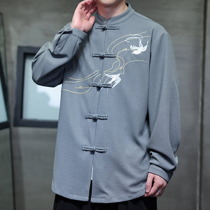 Buddha Stones Frog-Button Swallow Embroidery Stand Collar Long Sleeve Tang Suit Men's Shirt - image 20