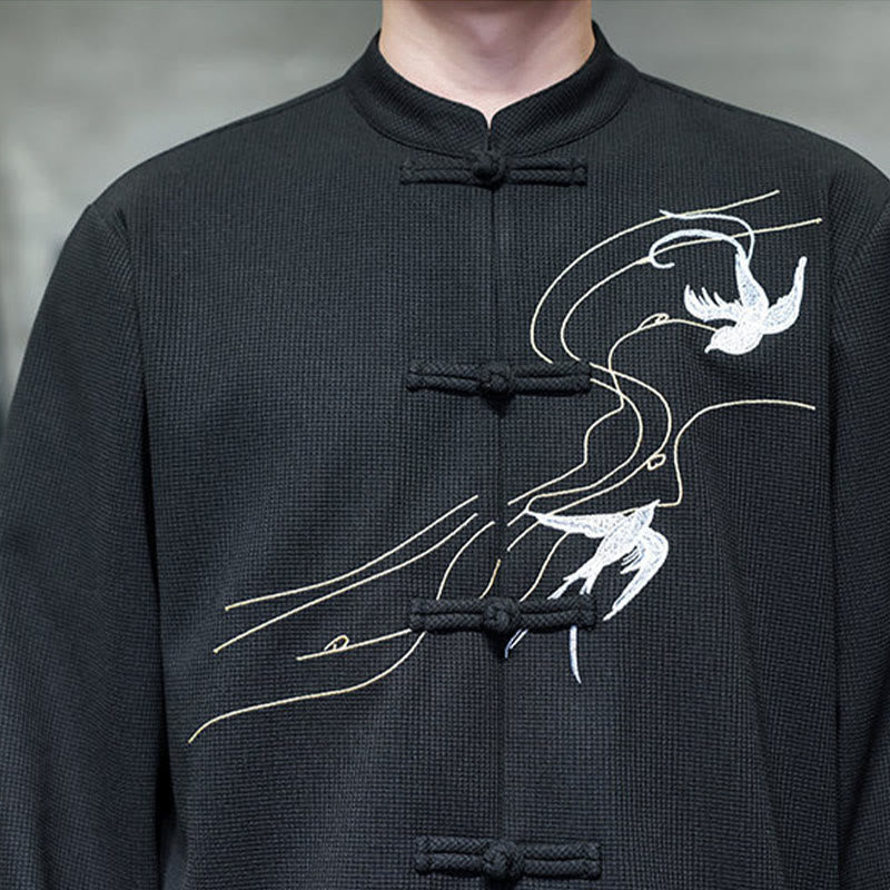 Buddha Stones Frog-Button Swallow Embroidery Stand Collar Long Sleeve Tang Suit Men's Shirt - image 10