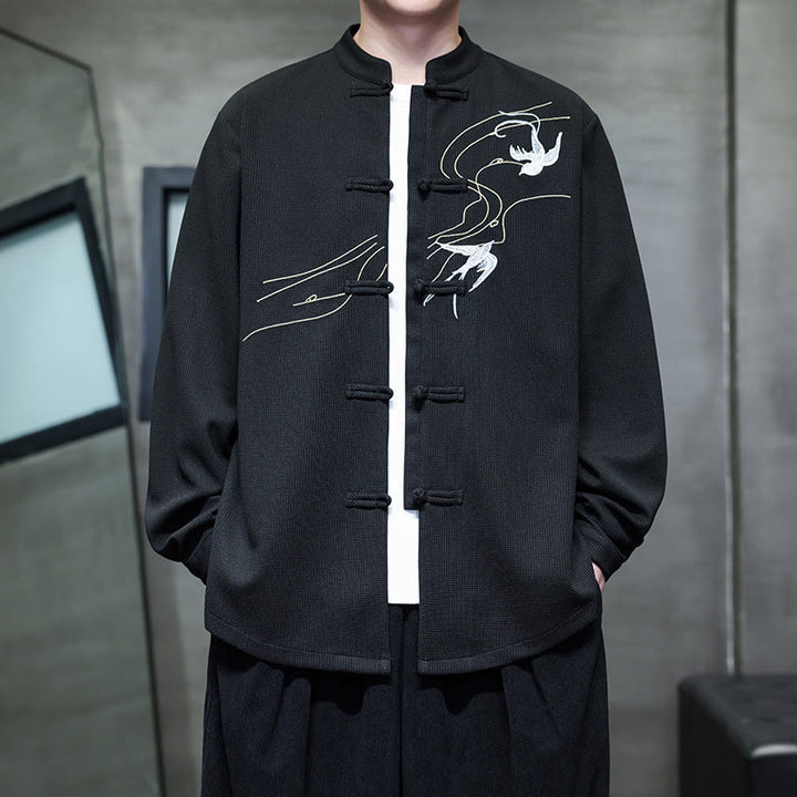 Buddha Stones Frog-Button Swallow Embroidery Stand Collar Long Sleeve Tang Suit Men's Shirt - image 2