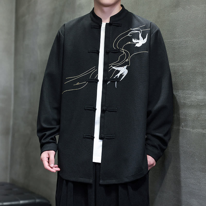 Buddha Stones Frog-Button Swallow Embroidery Stand Collar Long Sleeve Tang Suit Men's Shirt - image 7