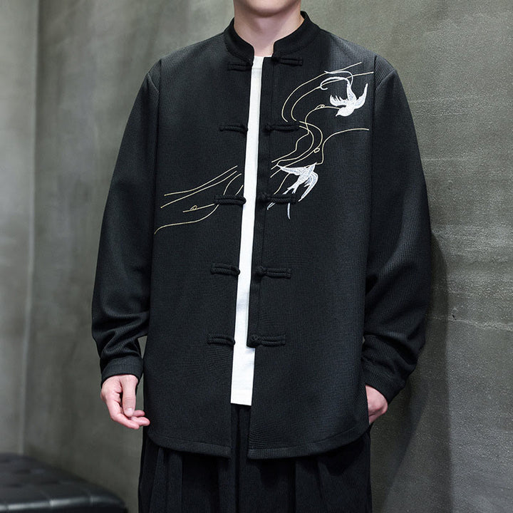 Buddha Stones Frog-Button Swallow Embroidery Stand Collar Long Sleeve Tang Suit Men's Shirt - image 7