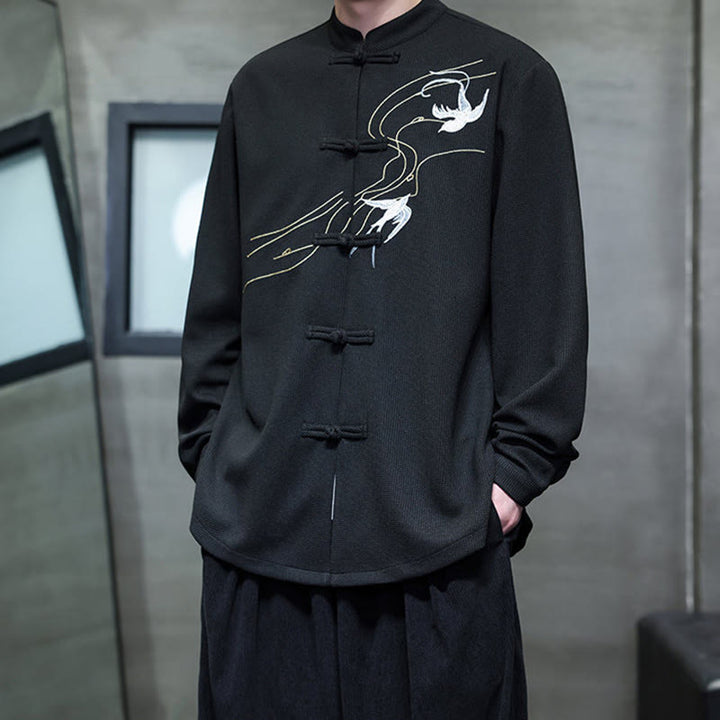 Buddha Stones Frog-Button Swallow Embroidery Stand Collar Long Sleeve Tang Suit Men's Shirt - image 6