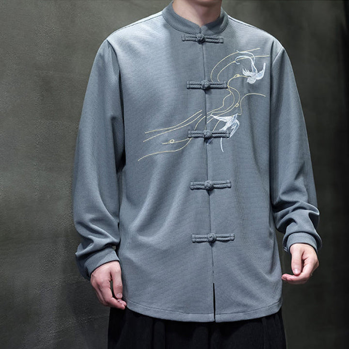 Buddha Stones Frog-Button Swallow Embroidery Stand Collar Long Sleeve Tang Suit Men's Shirt - image 14