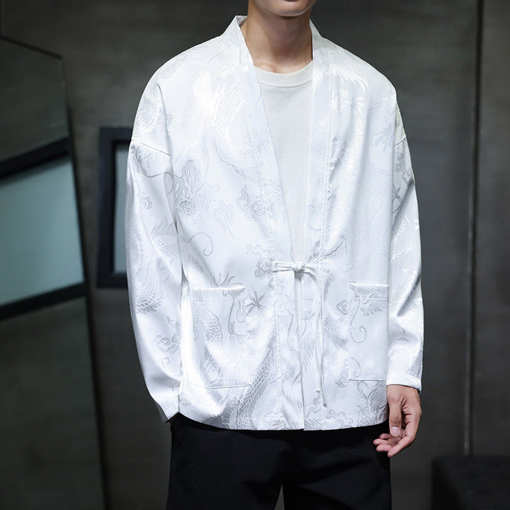 Buddha Stones Frog-Button Dragon Jacquard Stand Collar Long Sleeve Tang Suit Men's Shirt - White - US/UK/AU46，EU56 (5XL) - image 12