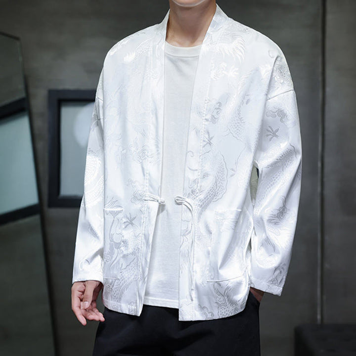 Buddha Stones Frog-Button Dragon Jacquard Stand Collar Long Sleeve Tang Suit Men's Shirt - image 15