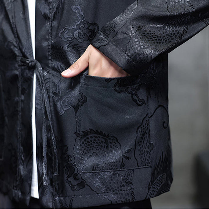 Buddha Stones Frog-Button Dragon Jacquard Stand Collar Long Sleeve Tang Suit Men's Shirt - image 11