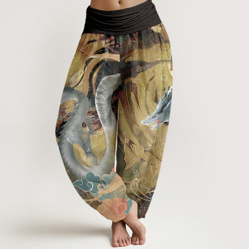 Buddha Stones Pure Cotton Dragon Auspicious Clouds Pattern Women's Elastic Waist Harem Pants - Yellow - US22，UK/AU26，EU54 (6XL) - image 0