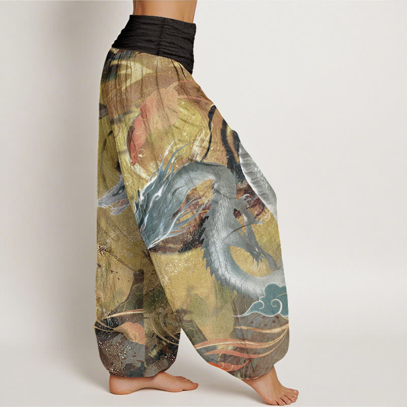 Buddha Stones Pure Cotton Dragon Auspicious Clouds Pattern Women's Elastic Waist Harem Pants - image 2