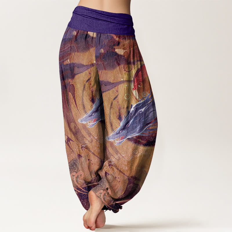 Buddha Stones Pure Cotton Dragon Auspicious Clouds Pattern Women's Elastic Waist Harem Pants - image 6