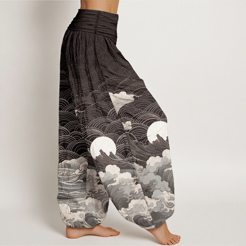 Buddha Stones Pure Cotton Casual Wave Moon Mountain Pattern Women's Elastic Waist Harem Pants - image 2