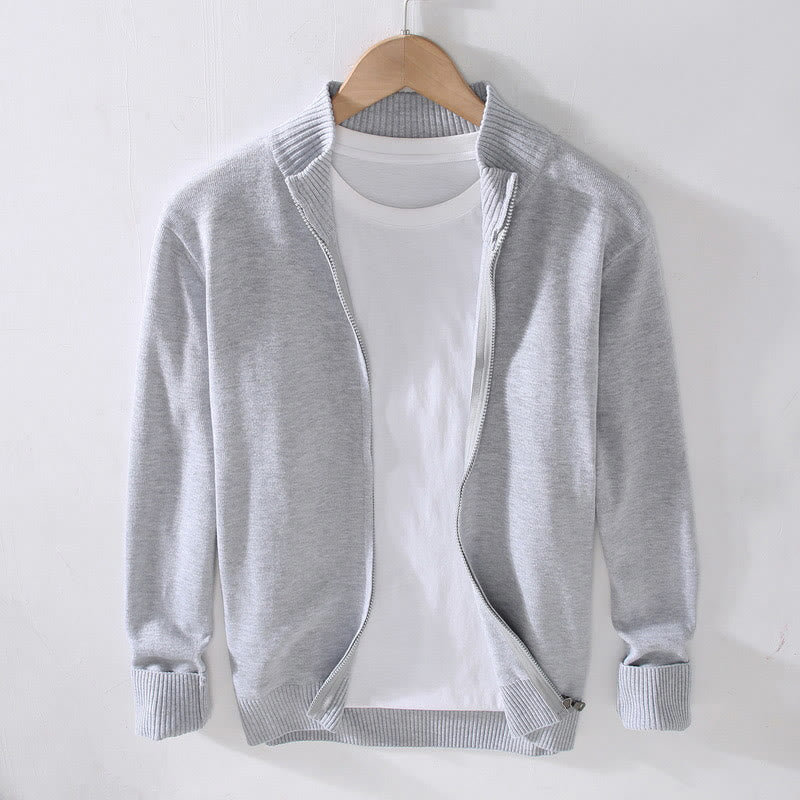 Buddha Stones Plain Zipper Ribbed Bottom Hem Design Men's Long Sleeve Cotton Jacket - Gainsboro - US/UK/AU42，EU52 (3XL) - image 0