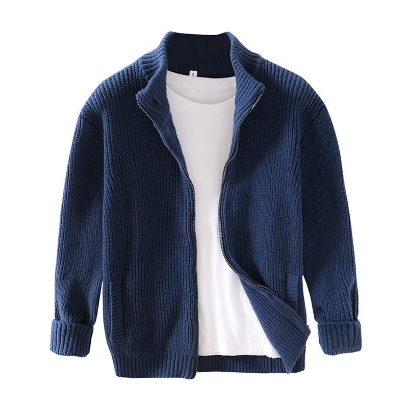 Buddha Stones Winter Solid Color Zipper Knit Cardigan Men's Long Sleeve Cotton Jacket With Pockets - image 5