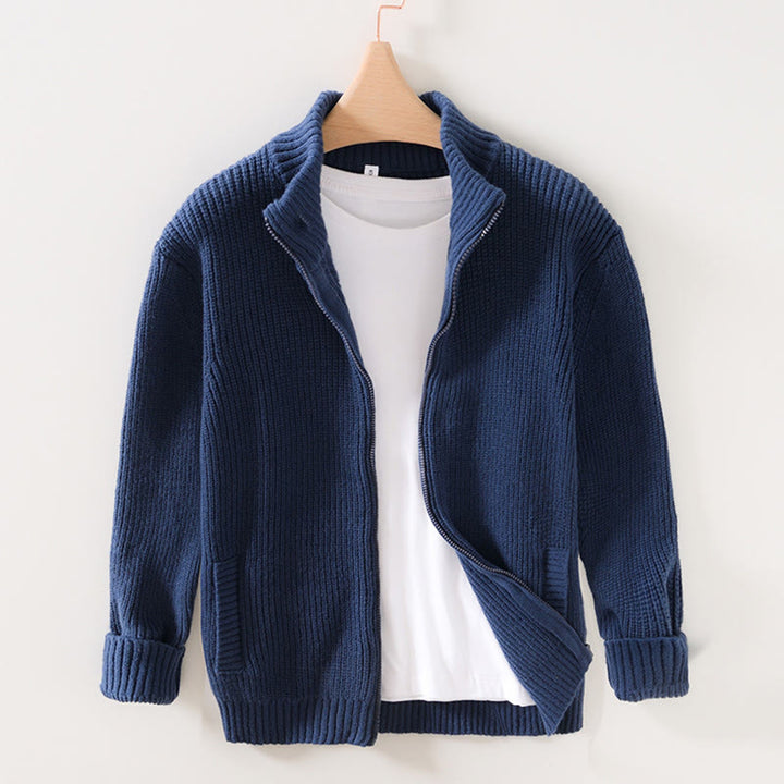 Buddha Stones Winter Solid Color Zipper Knit Cardigan Men's Long Sleeve Cotton Jacket With Pockets - DarkBlue - US/UK/AU40，EU50 (2XL) - image 0