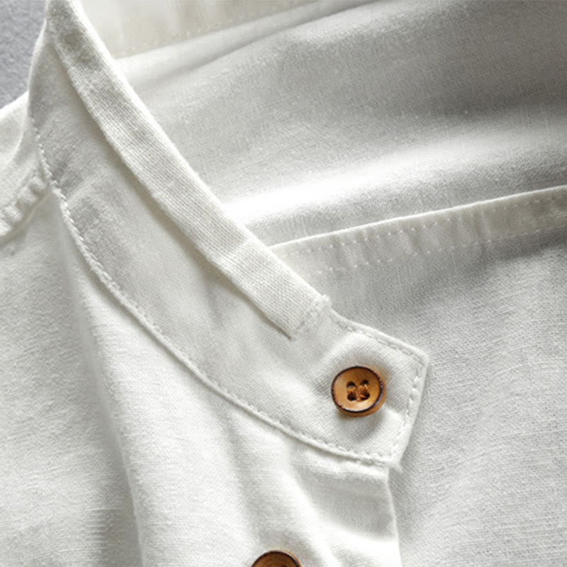 Buddha Stones Men's Slim Fit Design Stand Collar Crew Neck Long Sleeve Cotton Linen Shirt - image 6