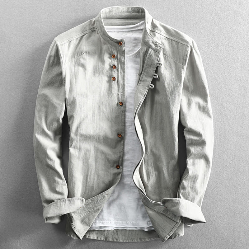 Buddha Stones Men's Slim Fit Design Stand Collar Crew Neck Long Sleeve Cotton Linen Shirt - WhiteSmoke - US/UK/AU50，EU60 (7XL) - image 12