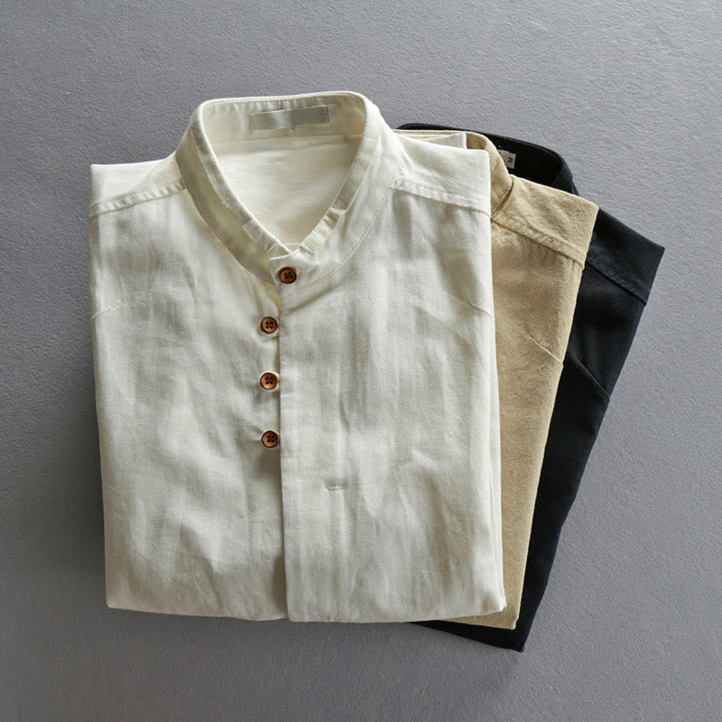 Buddha Stones Men's Slim Fit Design Stand Collar Crew Neck Long Sleeve Cotton Linen Shirt - image 13