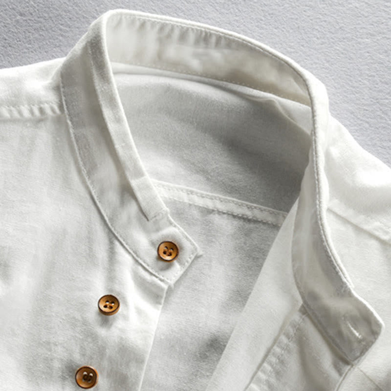 Buddha Stones Men's Slim Fit Design Stand Collar Crew Neck Long Sleeve Cotton Linen Shirt - image 4