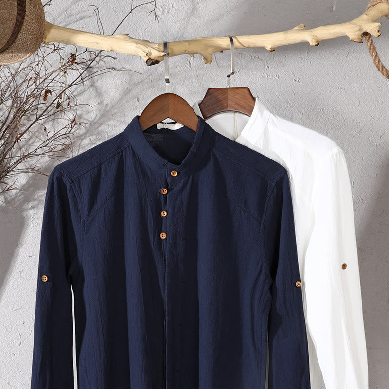 Buddha Stones Men's Slim Fit Design Stand Collar Crew Neck Long Sleeve Cotton Linen Shirt - image 14