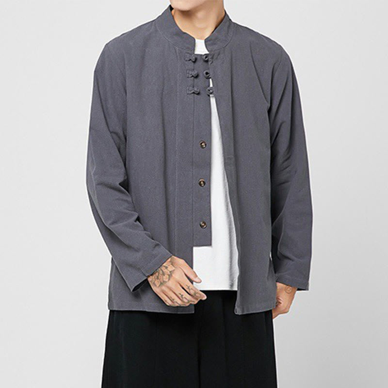 Buddha Stones Chinese Frog-Button Side Slit Men's Long Sleeve Cotton Tang Suit Shirt - image 2