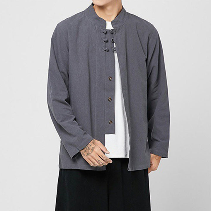 Buddha Stones Chinese Frog-Button Side Slit Men's Long Sleeve Cotton Tang Suit Shirt - image 2