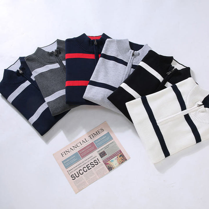 Buddha Stones Color Contrast Striped Half Zipper Design Cotton Men's Long Sleeve Sweater - image 15