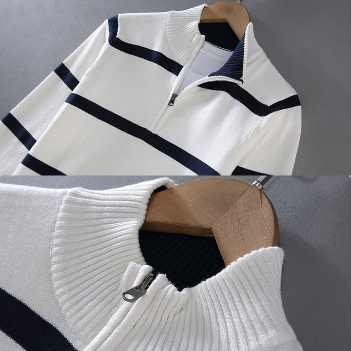 Buddha Stones Color Contrast Striped Half Zipper Design Cotton Men's Long Sleeve Sweater - image 4