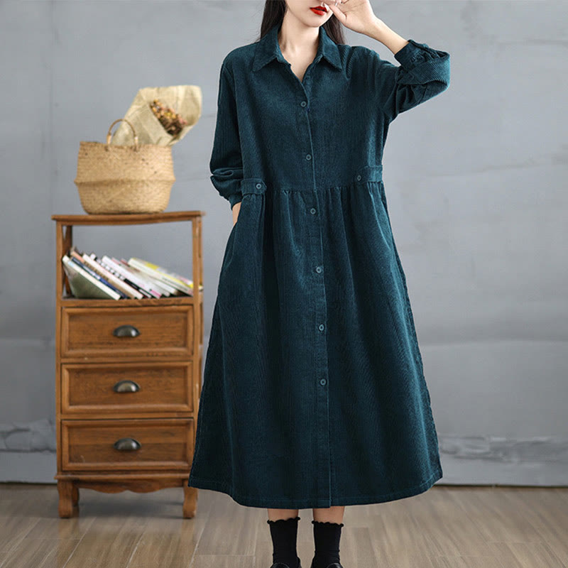 Buddha Stones Plain Buttons Long Sleeve Women's Cotton Corduroy Coat With Pockets - image 25