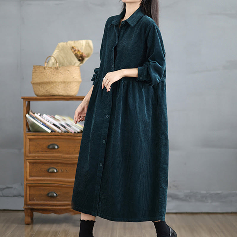 Buddha Stones Plain Buttons Long Sleeve Women's Cotton Corduroy Coat With Pockets - image 24