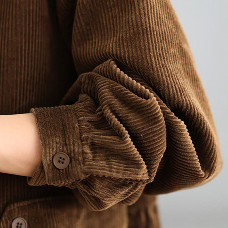 Buddha Stones Plain Buttons Long Sleeve Women's Cotton Corduroy Coat With Pockets - image 7