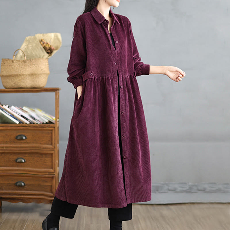 Buddha Stones Plain Buttons Long Sleeve Women's Cotton Corduroy Coat With Pockets - image 19