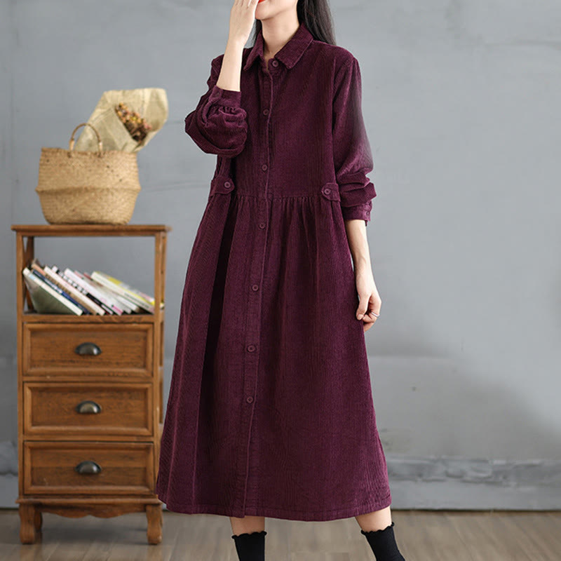 Buddha Stones Plain Buttons Long Sleeve Women's Cotton Corduroy Coat With Pockets - image 18