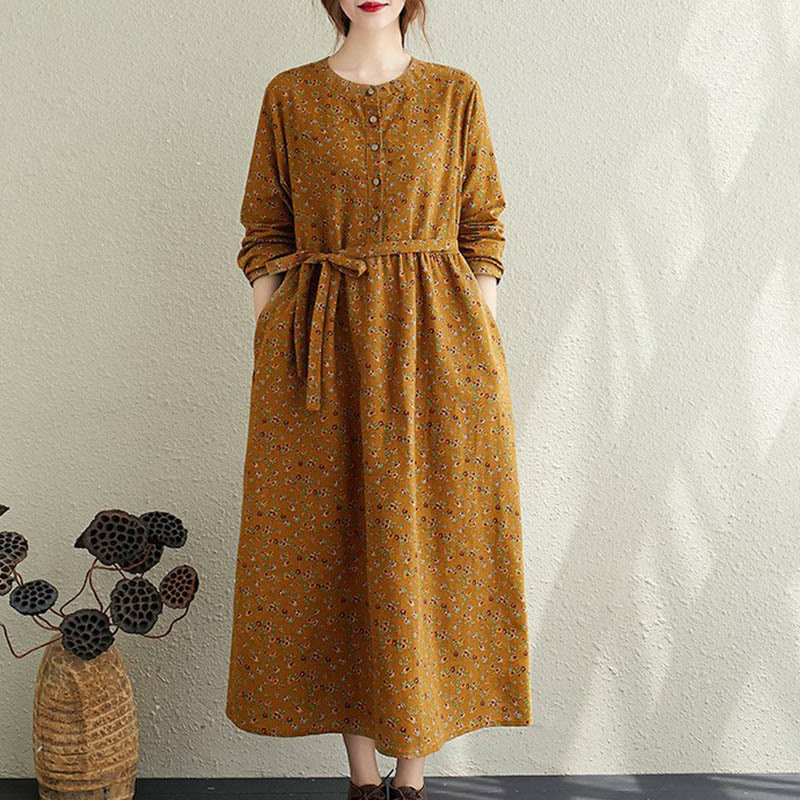 Buddha Stones Commute Floral Drawstring Women's Long Sleeve Cotton Midi Dress With Pockets - DarkGoldenrod - US12，UK/AU16，EU44 (3XL) - image 6